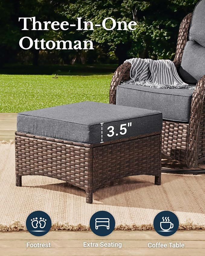 HILLGA Luxury 5PCS Outdoor Swivel Rocker Patio Chairs of 2 with 6 Inch Thick Cushions and Side Table, All Weather Outdoor Chairs High Back Wicker Patio Furniture Set for Porch and Deck, Grey