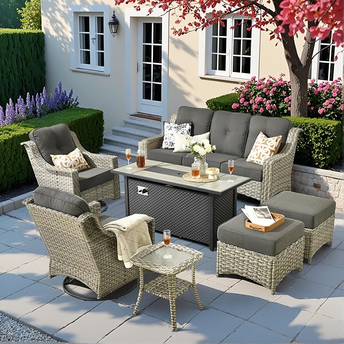 HOOOWOOO Patio Furniture Set,7 Pieces Wicker Outdoor Furniture,High Back Conversation Set with All Weather Resistant Fire Pit Table Couch Swivel Chairs Ottomans,Black