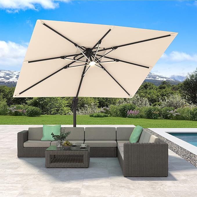 10' X 13' Cantilever Patio Umbrella with Led Lights Double Top Rectangular Outdoor Large Offset Umbrellas with 7 Tilts Adjustable 360°Rotation for Deck Pool Garden Backyard, Navy
