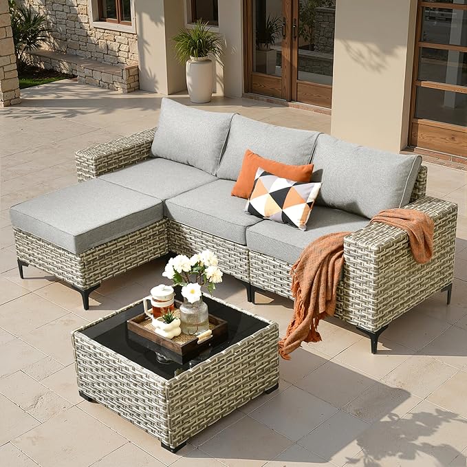 ovios 5-Piece Patio Furniture Set with L-Shape Sofa Chaise, Outdoor Sectional Couch Coffee Table, Modern Modular Wicker Rattan Conversation Set, Dark Grey