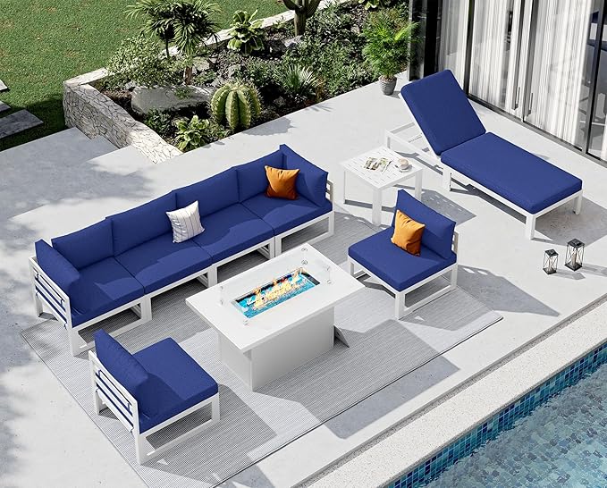 NICESOUL 9 Pcs Aluminum Patio Sectional Furniture Set with Chaise & Fire Pit Table, 500 lbs Heavy Duty Anti-Rust Outdoor Couch, 29" Deep Wide Seat, High End Conversation Sofa for Poolside, Navy Blue