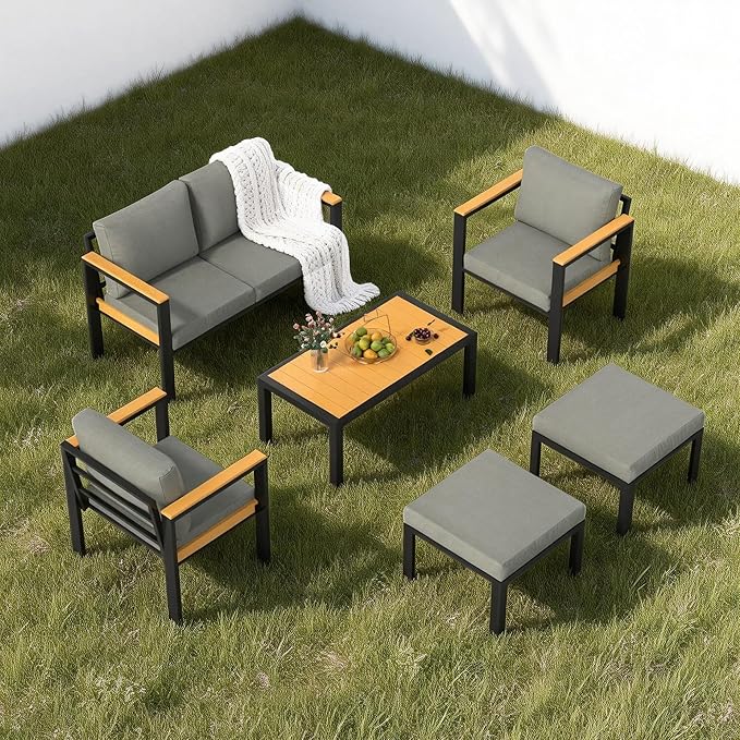 HOMREST Aluminum Patio Furniture Set with Coffee Table, 6 Seat Oversized Outdoor Sectional with Washable Thick Cushions, Patio Conversation Set with Special Wide Armrest and Deep Seat, Gray