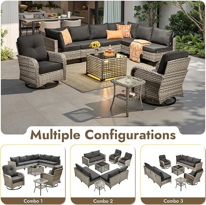 10 Pieces Outdoor Sectional Patio Furniture Set with Swivel Rocking Chairs,Wicker Conversation Sets Rattan L Shaped Couch,Modular Outdoor Sofa for Porch Balcony Backyard Black