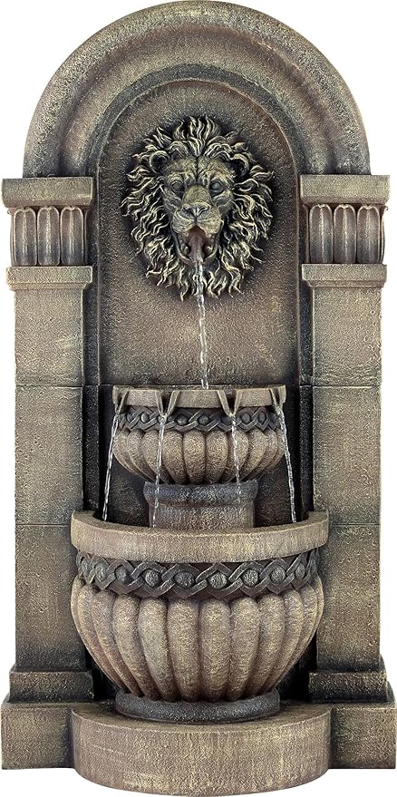 Royal Lion Face 50" High Large Italian Indoor Outdoor Decor Faux Stone Floor Fountain with Light LED Waterfall 2-Tier Statue Water Feature for Outside Garden Patio Yard Backyard - John Timberland