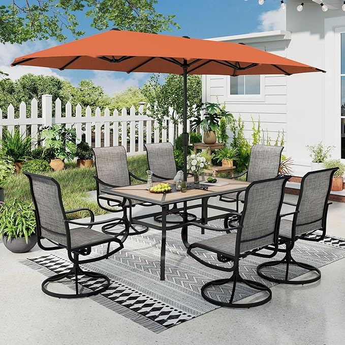 Sophia & William Patio Set with Umbrella Patio Dining Set for 6 with 13ft Rectangle Patio Umbrella Red, 6 x Patio Chairs Brown, 1 Wood Like Outdoor Dining Table with Umbrella Hole for Lawn Garden