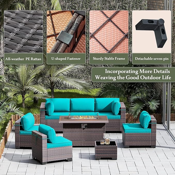15 Pieces Outdoor Patio Furniture Set,Outdoor Sectional Furniture with 43" 55000 BTU Gas Propane Fire Pit Table,All Weather PE Rattan Wicker Patio Conversation Set,Turquoise Blue