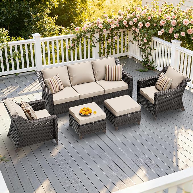 5 Pieces Patio Conversation Furniture Set - 1 Sofa, 2 Armchairs, 2 Ottomans, Outdoor Wicker Furniture with Removable Cushions for Porch, Balcony, Sunroom (Beige)