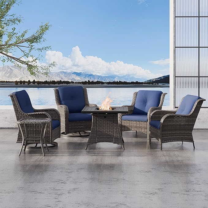 6 Pcs Patio Furniture Set with Fire Table-31'' Fire Pit Table, 1 Side Table, 4 Outdoor Rattan Wicker Conversation Chairs (2 Fixed & 2 Swivel) （Blue）
