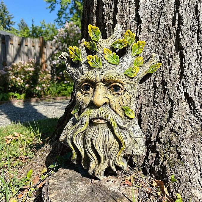 9.8" Whimsical Tree Face Sculpture, Garden Peeker Statue, Outdoor Trunk Tree Huggers Art, Landscape Accent Ornament, Hanging Fairy Elve Figurine for Yard Art, Trees Decor Wall Mounted Statues