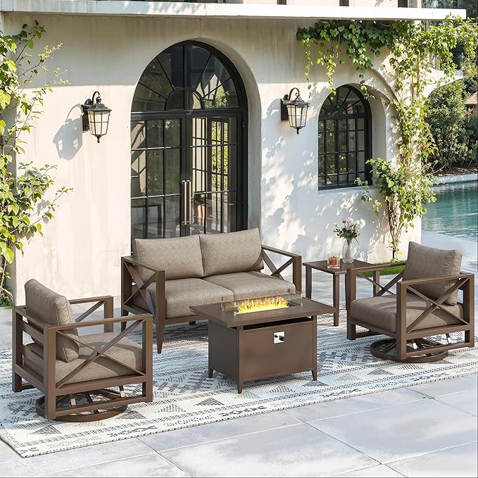 Aluminum 4-Seats Outdoor Patio Furniture Set with 43" Fire Pit Table, Sectional Conversation Sofa with 5.2" Thick Cushions & Swivel Rocking Chairs, Rust-Resistant Frame Sofa for Porch, Backyard, Brown