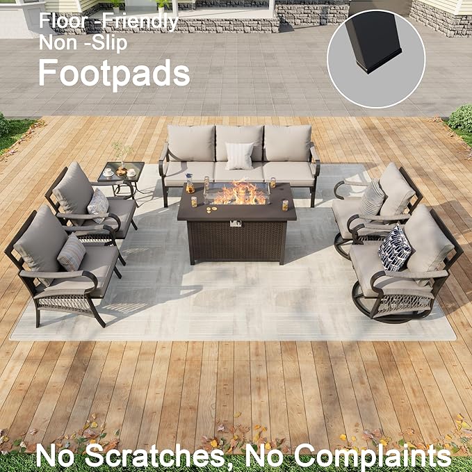 7 Pieces Patio Furniture Set, Metal Outdoor Conversation Sets with Fire Pit Table and Swivel Chairs for Backyard Garden Deck Porch Poolside (Thick Beige Cushions)