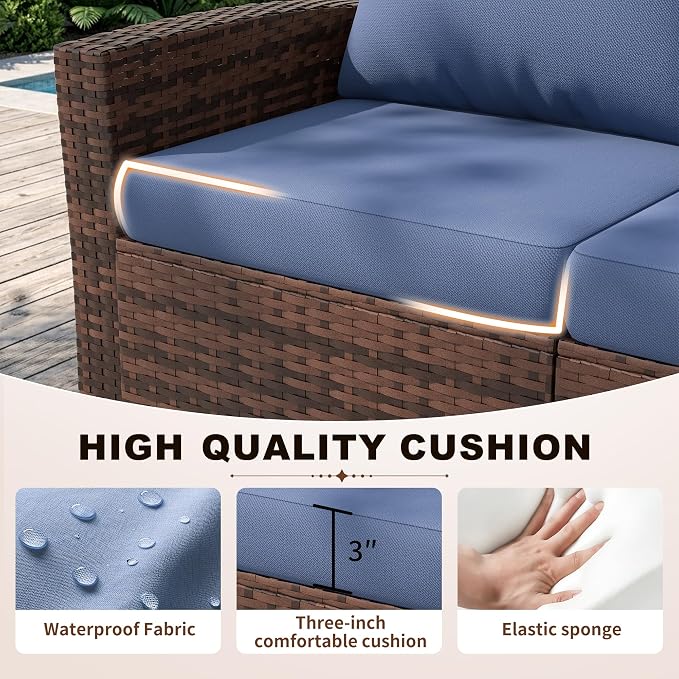 UDPATIO Patio Furniture Set, Outdoor Furniture Sets with Loveseats Sofa, Wicker Rattan Outdoor Conversation Set with Storage CoffeeTable for Backyard, Deck, Porch,Brown/Blue