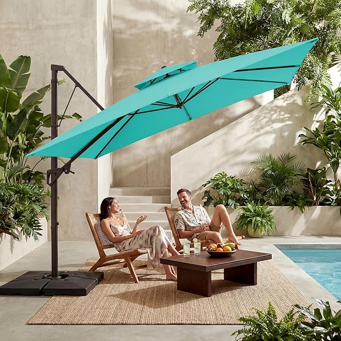 JEAREY 11ft 2-Tier Cantilever Patio Umbrella, Large Square Outdoor Offset Umbrella with Double Top Vent and 360-degree Rotation for Garden, Deck, Pool, Patio, Peacock Blue
