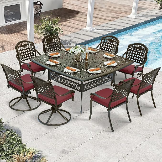 9 Piece Outdoor Patio Dining Set for 8, Cast Aluminium Large Square Dining Table & 2 Swivel Rocker Chairs, 6 Stationary, 8 Cushions, Umbrella Hole, Patio Furniture Set for Garden, Chili Red