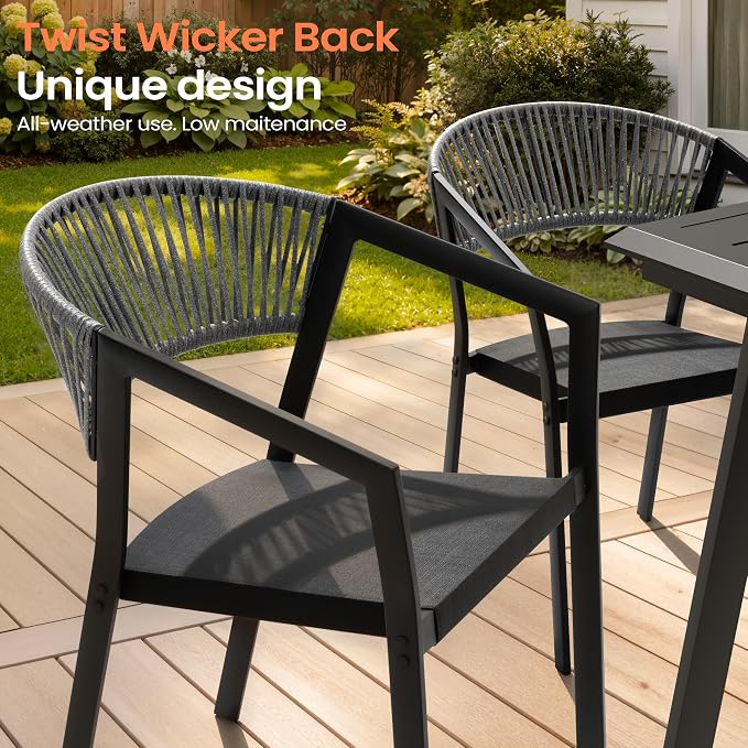 Pellebant Outdoor Patio Dining Chairs, Aluminum Frame with Breathable Twist Wicker Backrest – Stackable for Porch, Lawn & Deck(Gray)