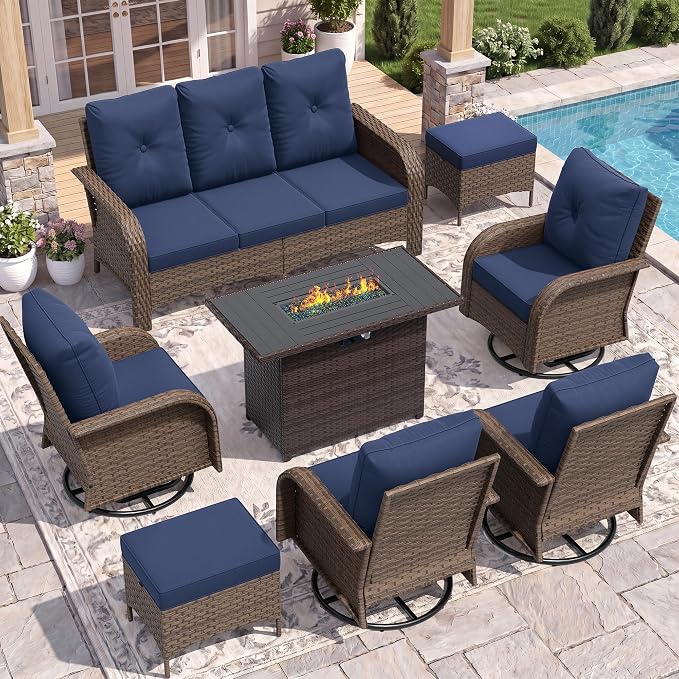 UDPATIO Patio Furniture Set with 44" Fire Pit Table, High Back 4 Swivel Rocker Chairs, Wicker Outdoor Conversation Sets with Thick Cushions & Ottoman, for Garden, Porch