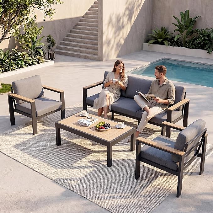 Outdoor Patio Furniture Set, 4-Piece Aluminum Conversation Set with Loveseat, 2 Chairs and Coffee Table, 5-Inch Water-Resistant Cushions for Backyard, Porch, Poolside,Gray