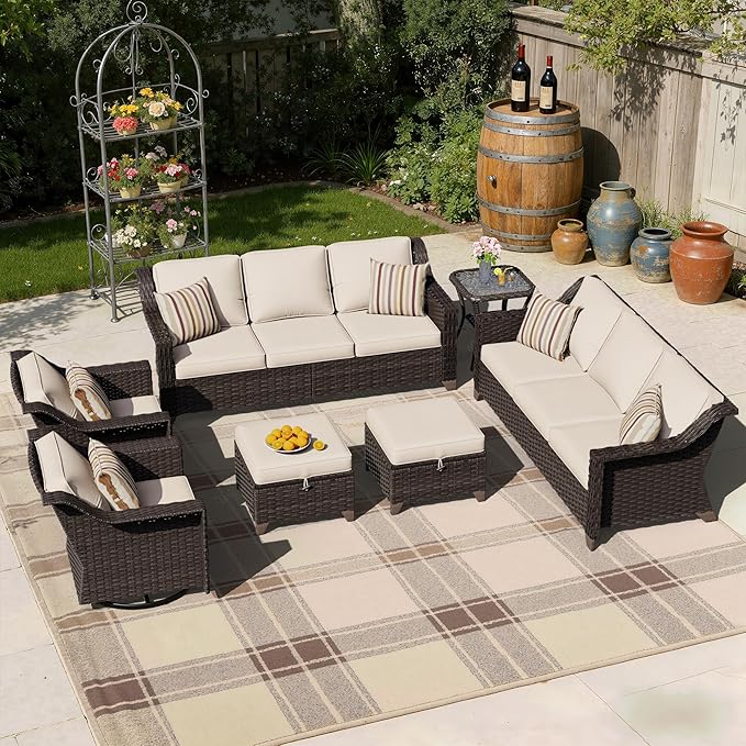 7 Pieces Patio Conversation Furniture Set - 2 Sofas, 2 Ottomans, 2 Swivel Chairs, 1 Side Table, Outdoor Wicker Furniture with Removable Cushions for Porch, Balcony, Sunroom (Beige)
