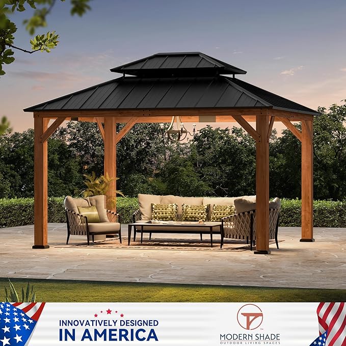 Modern Shade Rosewood Wood Gazebo 10' x 12', Hardtop Gazebo Permanent with Double Galvanized Steel Roof, Cedar Outdoor Gazebo with Sturdy Hooks for Garden, Backyard, Patio, and Deck