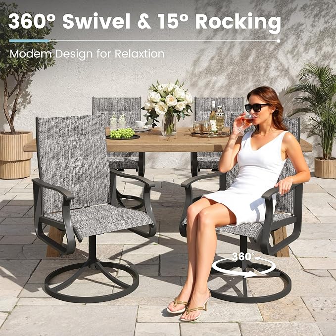 7 Pieces Patio Dining Set, Padded Patio Outdoor Furniture Set of 6 Patio Swivel Dining Chairs and Patio Spliced Rectangular Tabletop with Umbrella Hole, for Deck, Backyard, Poolside & Garden