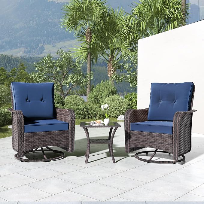 Kullavik Outdoor Swivel Chairs Set of 2,Patio Wicker Rocker Chairs with 4" Thick Cushions and Side Table,Patio Conversation Furniture Set for Patio Porch Deck Backyard,NavyBlue