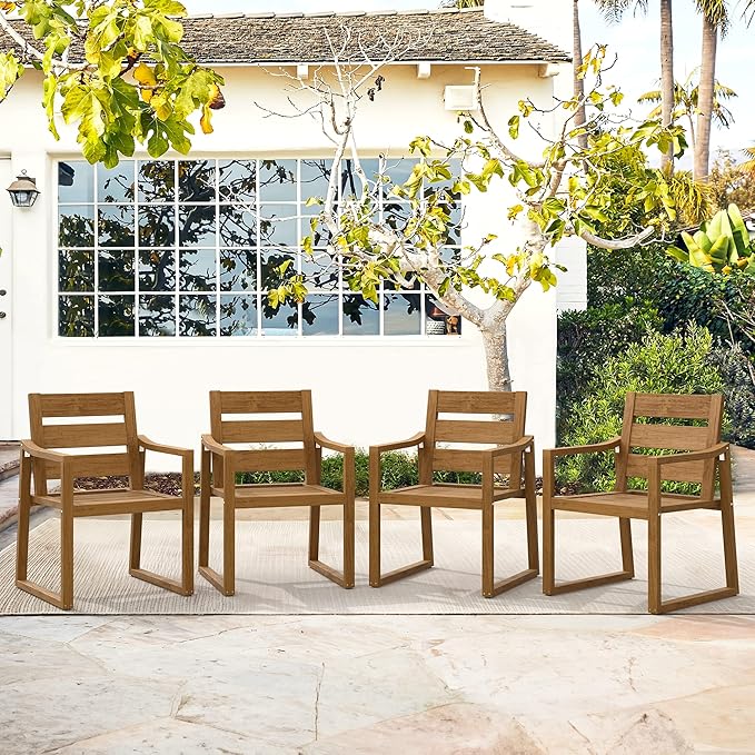 Cozyman HDPS Outdoor Dining Chairs Set of 4, 350LBS, Patio Dining Chairs with Armrest, All Weather Outdoor Kitchen Chairs with Square Frame Legs for Outdoor Indoor, Backyard, Teak Color-Oil Printed