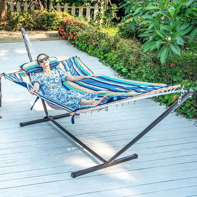 Lazy Daze Hammocks 2 Person Pad with Pillow, Double Polyester Quilted 78" x55" Replacement Hammock Pad for Rope Hammock, Blue Stripes