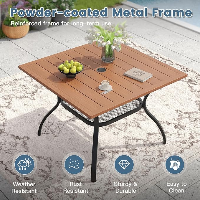 DIFY 5 Pieces Outdoor Dining Set, Metal Patio Table and Chairs Set for 4 with Umbrella Hole, 37.8" Walnut Square Table and Brown Textilene Swivel Patio Chairs for Garden, Backyard, Poolside
