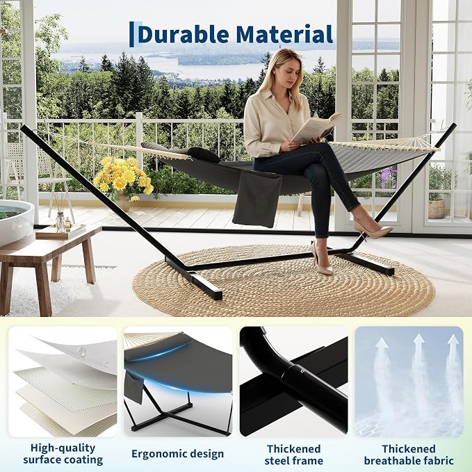 Double Hammock with Stand, 2 Person Heavy Duty Outdoor Hammock with 12FT Stand, Adjustable Steel Frame, Detachable Pillow, Carry Bag Included, 450lbs Capacity, Indoor Outdoor Swing Bed– Dark Gray