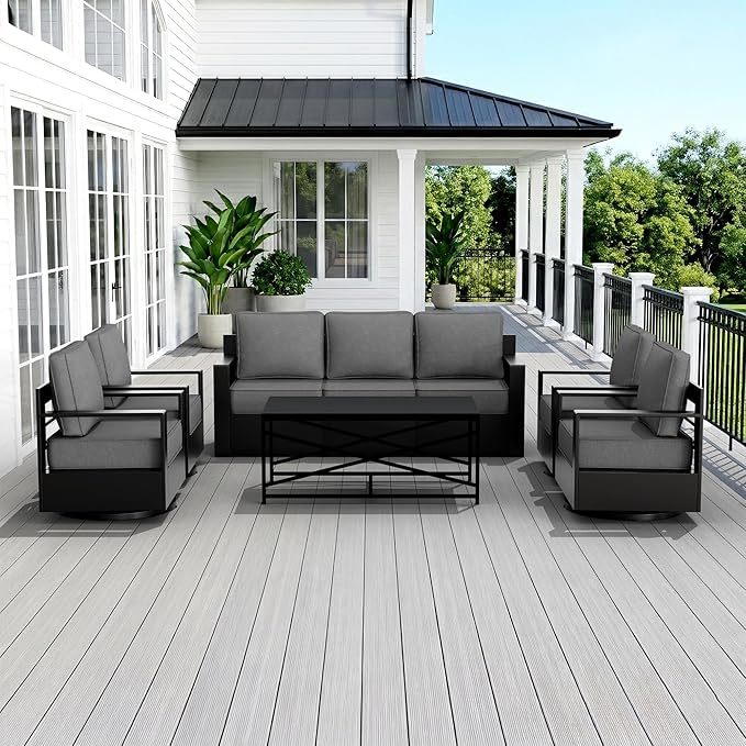 Outdoor Patio Furniture Set, 6-Piece Aluminum Patio Conversation Set All-Weather Metal Outdoor Sectional with 6 Inch Thick Cushions, Deep Setting for Garden, Outside and Porch, Grey