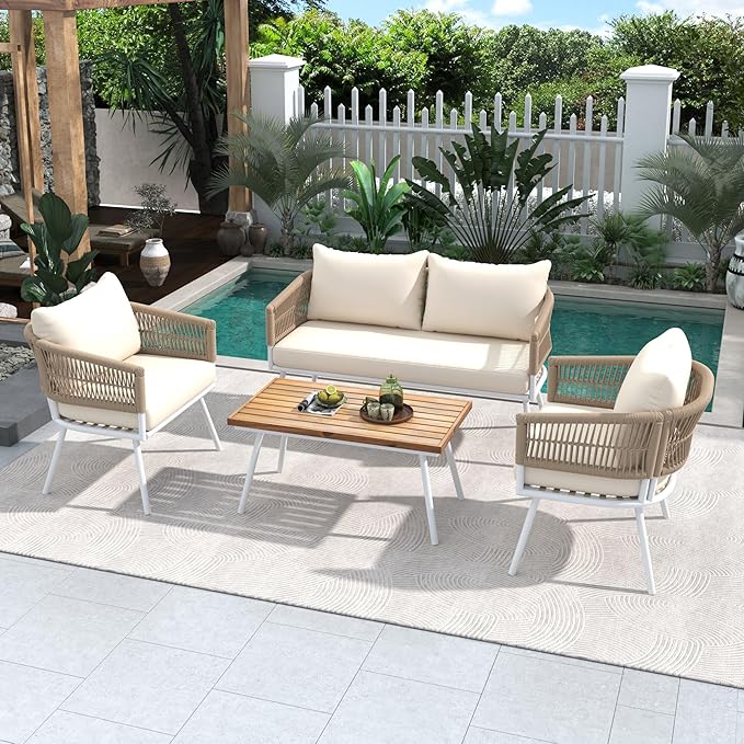 GOWE 4-Piece Boho Rope Patio Furniture Set, Outdoor Furniture with Acacia Wood Table, Patio Conversation Set with Deep Seating & Thick Cushion for Backyard Porch Balcony, Beige
