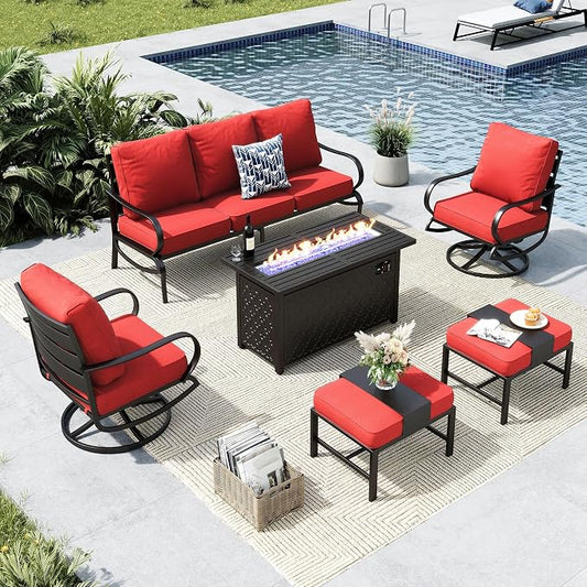 MFSTUDIO 6 Pieces Patio Furniture Sets with 45" Gas Fire Pit Table(Up to 7 Seat),Outdoor Metal Frame Patio Conversation Sofas with 1 x 3-Seat Sofa, 2 Swivel Chairs and 2 Ottoman, Burgundy Cushion