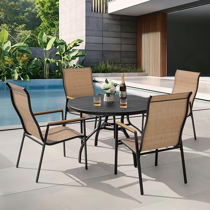 NUU GARDEN 5-Piece Patio Dining Set with Umbrella Hole, Stackable Textilene Chairs with High Back and Faux Wood Armrests, All-Weather Outdoor Dining Set Patio Furniture Set, Black and Khaki