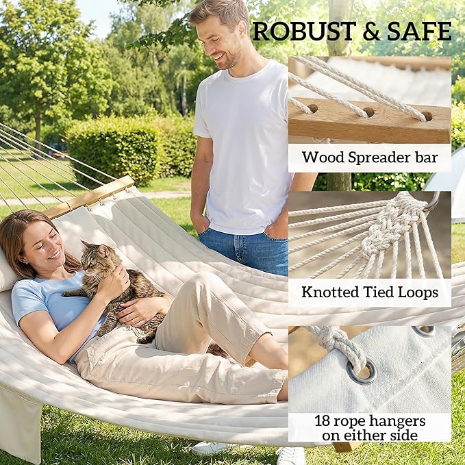 Outsunny Outdoor Hammock, 2-Person Hammock with Head Pillow and Pad, Wood Spreader Bars, 440 lbs Capacity, for Patio Yard Garden, 128" x 55", Cream White
