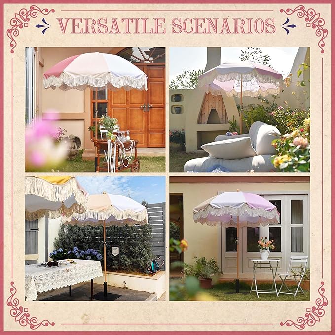 LAGarden Fringe Patio Umbrella with Carry Bag & Cover Vintage Wood for Event Outdoor Garden Yard Wedding Bistro Table