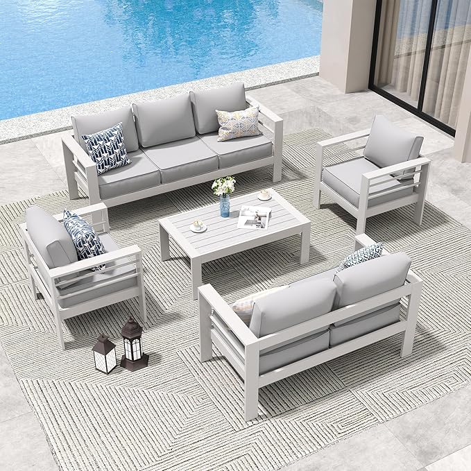 Amopatio Aluminum Patio Furniture Set, 8 Pieces Modern Patio Conversation Sets, Outdoor Sectional Metal Sofa with Coffee Table for Balcony, Garden, White (Included Waterproof Covers)