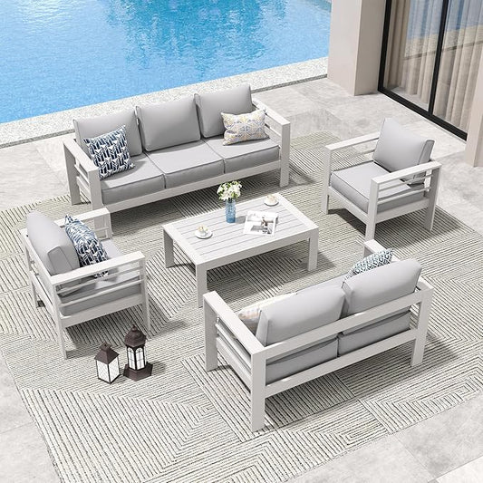 Amopatio Aluminum Patio Furniture Set, 8 Pieces Modern Patio Conversation Sets, Outdoor Sectional Metal Sofa with Coffee Table for Balcony, Garden, White (Included Waterproof Covers)