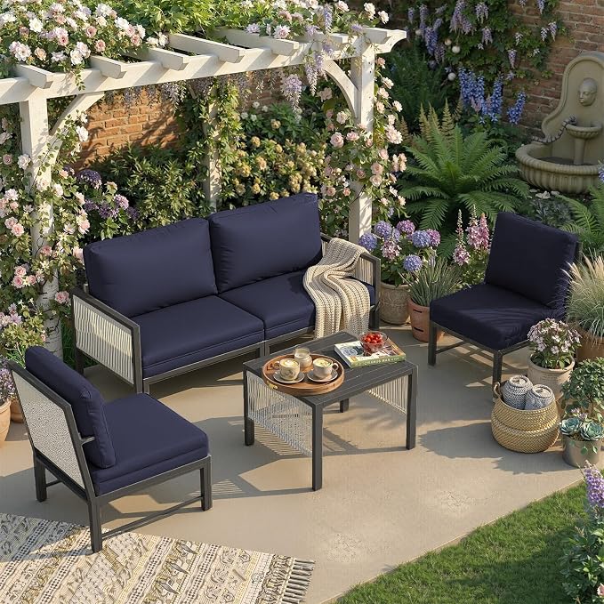 AECOJOY Aluminum Patio Furniture Set 4 Seats Outdoor Sectional Sofa Couch with Coffee Central Table Patio Conversation Sets for Porch Deck