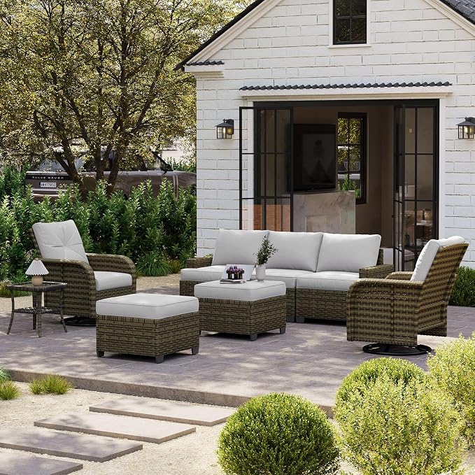 LazySunsets Luxury Patio Furniture Set，All-Weather Patio Sectional Sofas with Thickened Cushions, 8 Piece Outdoor Furniture Sectional Set with Swivel Rocker Chairs of 2，Grey