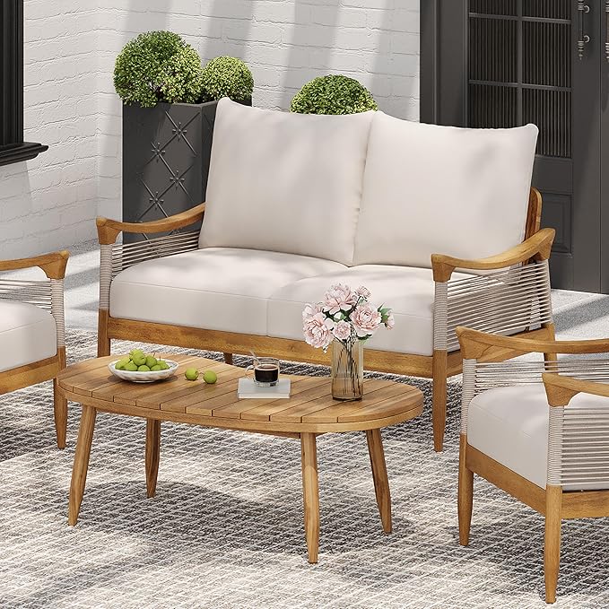 Christopher Knight Home Havets 2 Piece Patio Conversation Sets, Outdoor Acacia Wood Patio Seating Group,Woven Rope Loveseat with Cushions and Coffee Table for Porch Garden Backyard Balcony, Teak+Beige