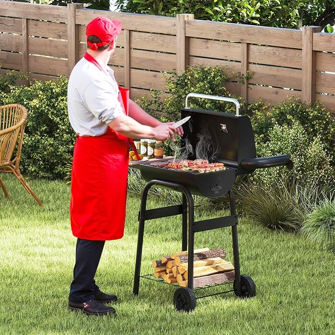 Happygrill Barrel Charcoal Grill, Outdoor BBQ Smoker Grill w/Foldable Side Table, Built-in Thermometer, Storage Shelf, Adjustable Air Vent, Portable Barbecue Grills w/Wheels for Camping & Picnic