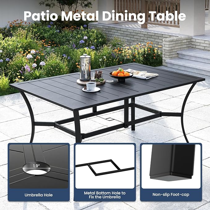 Amopatio 7 Pieces Patio Dining Set for 6, Outdoor Table and Chairs, 6 All Weather Stackable Patio Chairs, 59" Patio Spliced Rectangular Table with Umbrella Hole, for Deck, Backyard, Garden,Gray