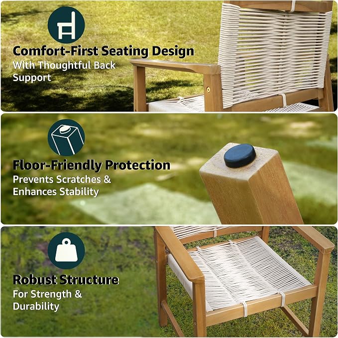 Heritage Woven Rope Eucalyptus Wood Armchair, Set of 2 Oversized Wide Backrest for Enhanced Comfort - Handcrafted Outdoor Patio Dining Chairs, Solid Eucalyptus Boho Seating for Deck, Porch & Backyard