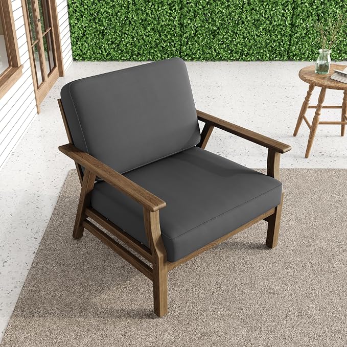 2 Piece Wood Patio Chair Outdoor Bistro Set, Outdoor Armrest Chair All Weather Patio Sofa Furniture Backyard Conversation Sets with Cushions, Dark Gray