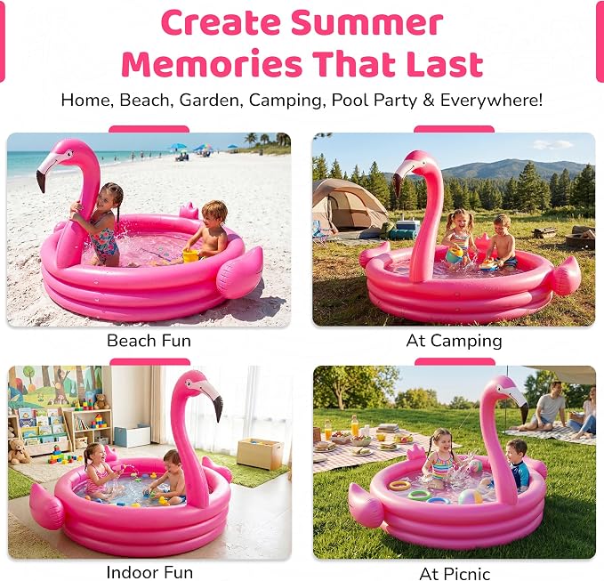 Pink Flamingo Kiddie Pool 48” Inflatables Pool for Kids Holds 65 Gallons of Water - Baby Blow Up Swimming Fun for Kids 1-3 - Portable Backyard Water Play Pools for Boys & Girls