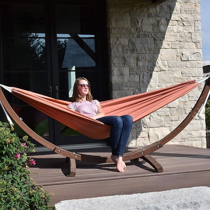 Vivere Double Cotton Hammock with Solid Pine Arc Stand - 450 lb Capacity, Durable FSC Wood Frame, Includes Hardware & User Guide - 450 lb Weight Capacity (Coral)
