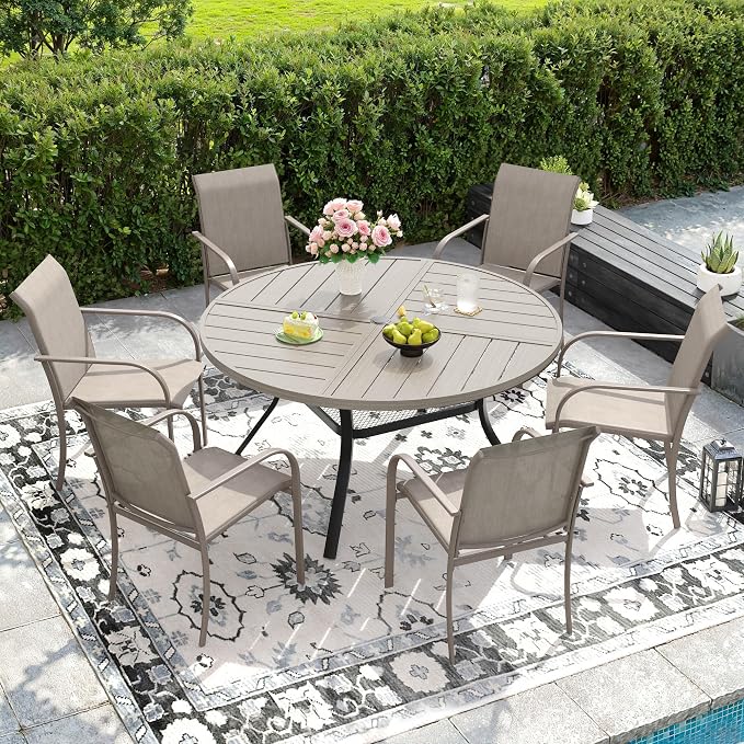 DIFY Patio Dining Set for 6, 7 Piece Outdoor Table and Chairs Set, 47.2" Grey Wood-Like Round Metal Patio Dining Table and 6 Sandshell Textilene Stackable Patio Chairs, for Backyard Garden Poolside