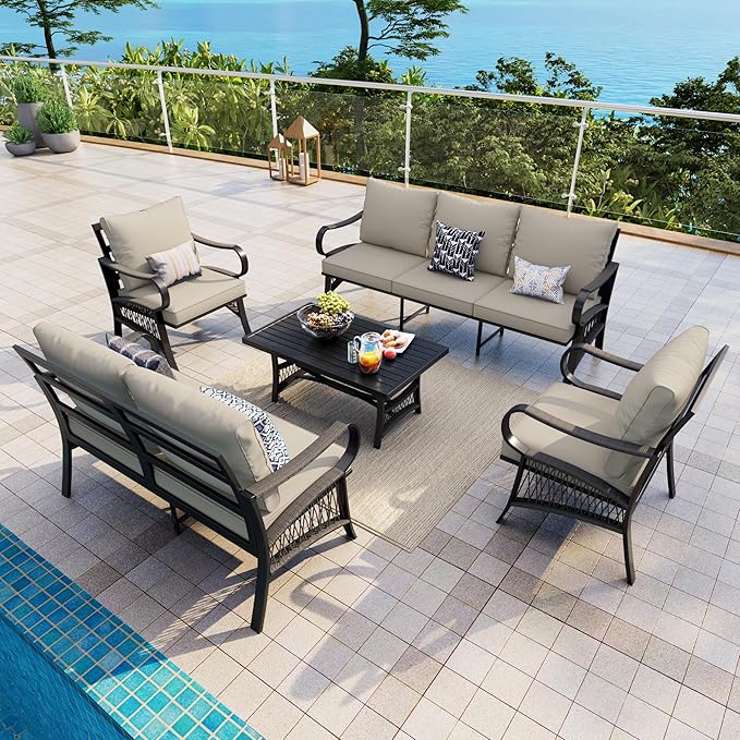 5 Pieces Patio Conversation Sets, All Weather Metal Outdoor Furniture Set with Sectional Sofa Loveseat Couch for Backyard Garden Deck Porch Poolside (Beige Cushions)