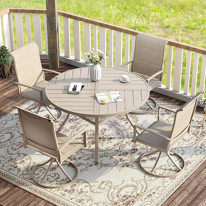 VICLLAX Patio Dining Set for 4, 4 Seats Outdoor Furniture Includes 40.7" Round Patio Table and Swivel Padded Chairs, Sandshell Color Tabletop and Fabric