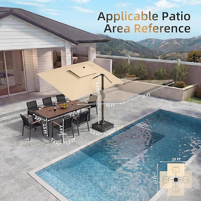 10 X 13 FT Cantilever Patio Umbrella with Led Lights Outdoor Rectangle Offset Large Double Top Heavy Duty Umbrellas with 360°Rotation for Pool Deck Backyard Garden, Beige